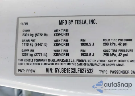 2020 Tesla Model 3 Performance Dual Motor All-Wheel Drive из США, поврежденный, VIN 5YJ3E1EC3LF627532